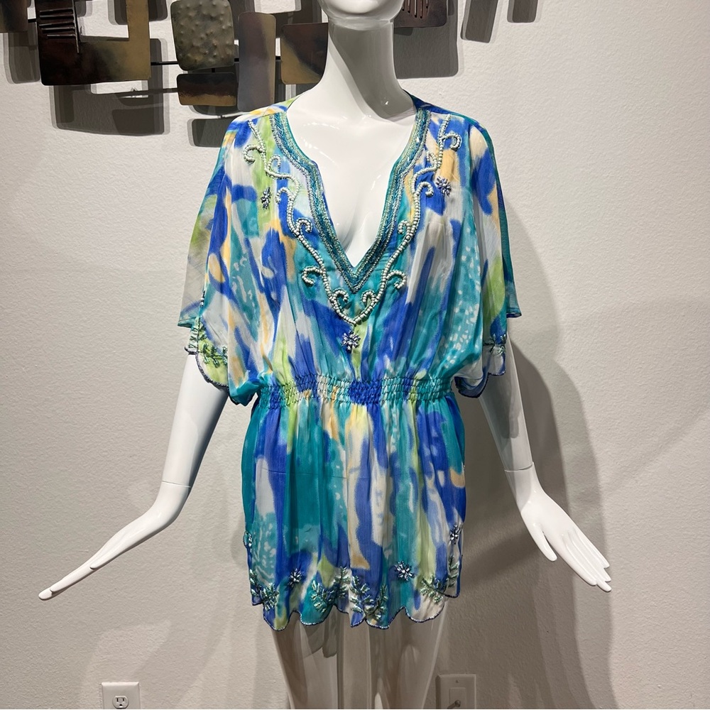 NWOT Midnight Velvet Sheer Tunic Top XL Multi Beaded Embroidered V-Neck